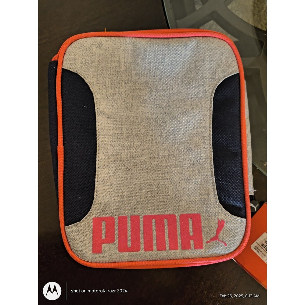 NEW PUMA Logo 9x7.25" MVP Insulated Lunch Box Lunchbox Bag Gray Pink And Navy